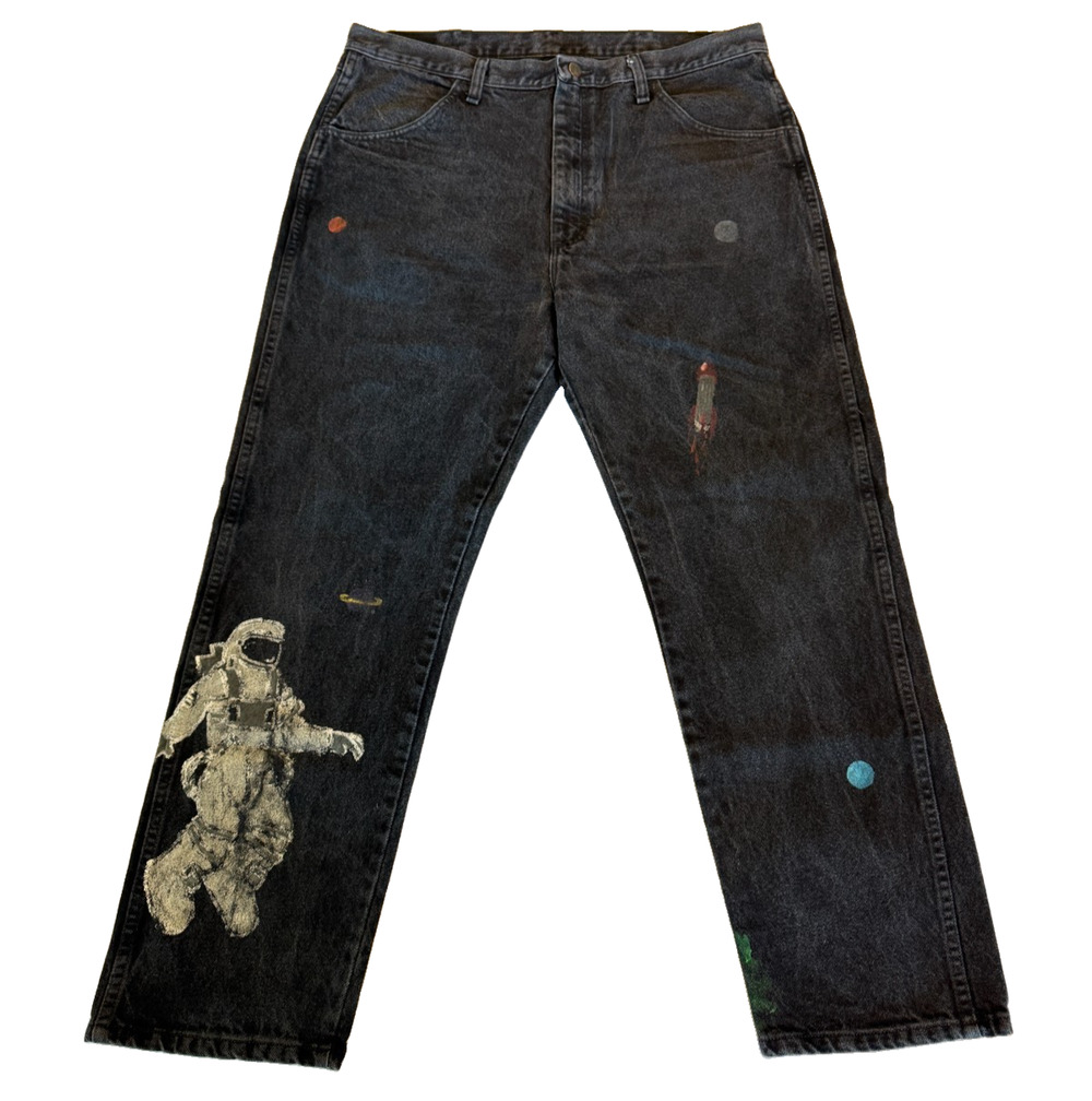 Rustler men's black/charcoal denim jeans 38x30 Astronaut graphic Hand Painted